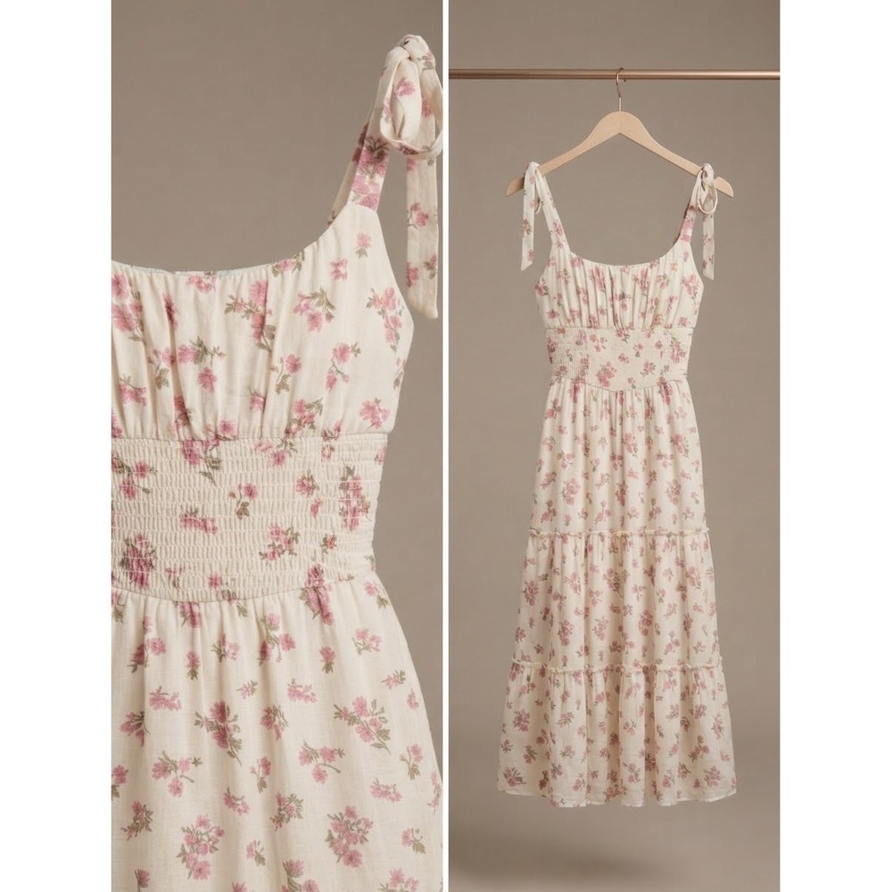 Ditsy Floral Tie Shoulder Smocked Tiered Midi Dress Cottage Prairie Milkmaid